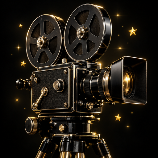 Siyah eski film kamerası ve sarı yıldızlarla AI Video Maker ikonu
